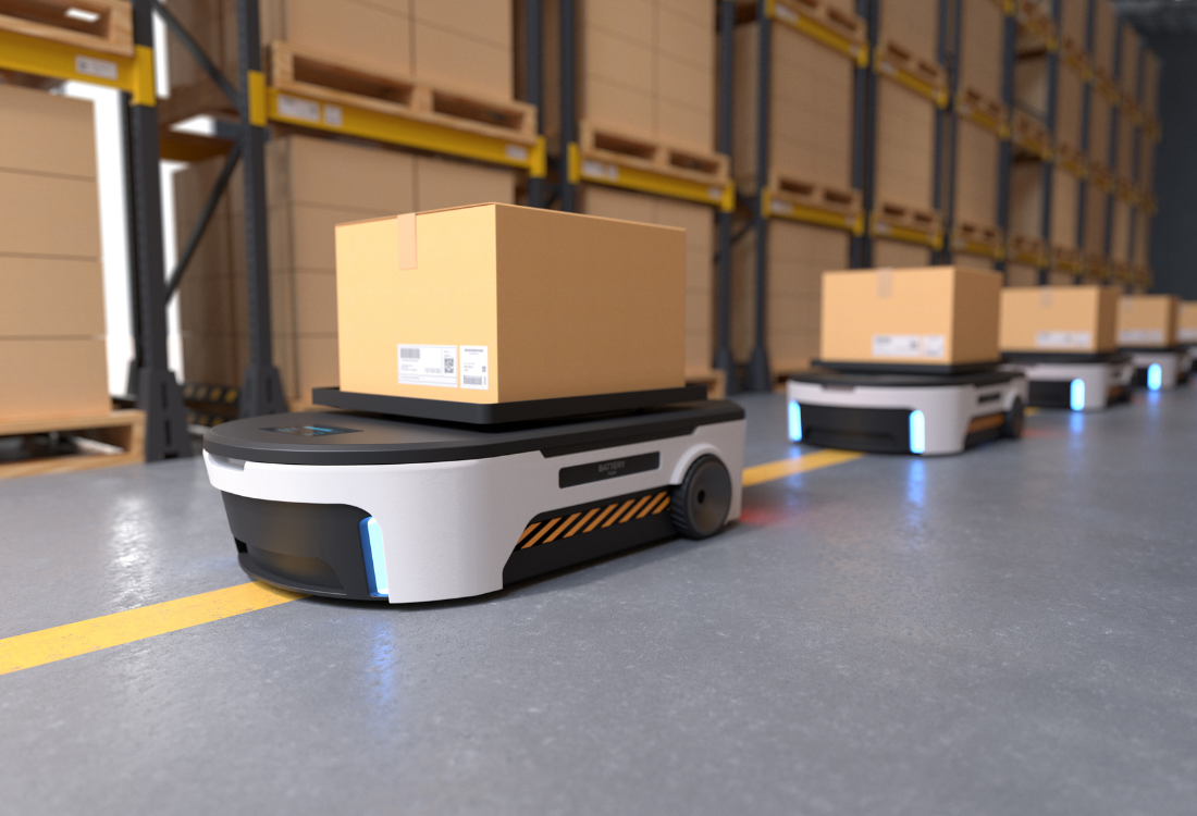 Robots operating in an automated warehouse, illustrating the growing investment and financial expansion of logistics automation.