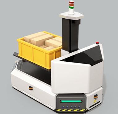 A white automated guided vehicle loaded with small boxes.