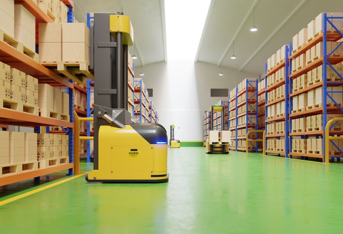 The inside of a warehouse where automated robots with a goods to man system has been installed. 
