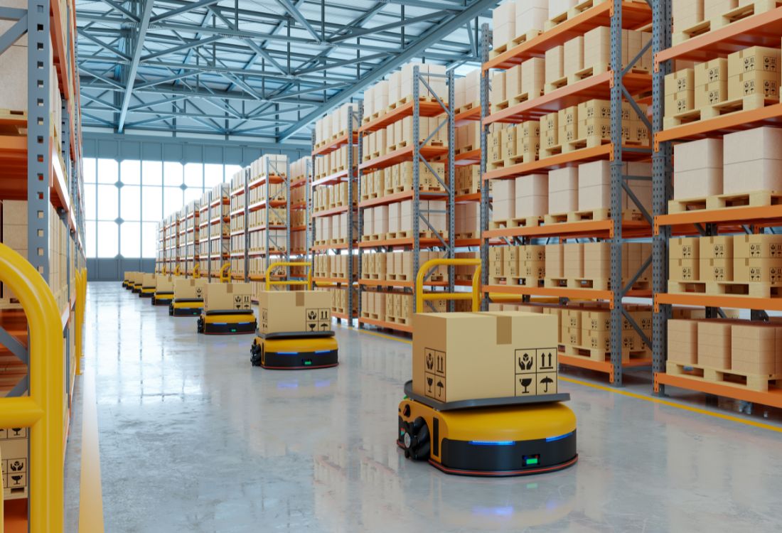 Robots lined up in a warehouse that has been newly designed by LPC.