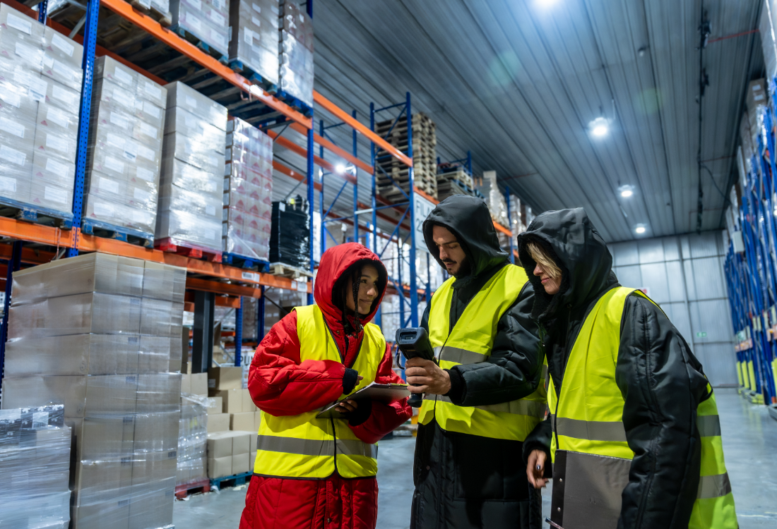 Three warehouse workers wearing high-visibility vests, looking at a scanner while reviewing inventory in a warehouse.