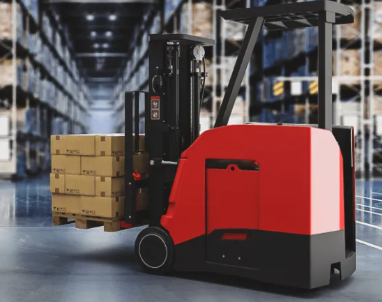 A red automated guided vehicle loading boxes in a warehouse.